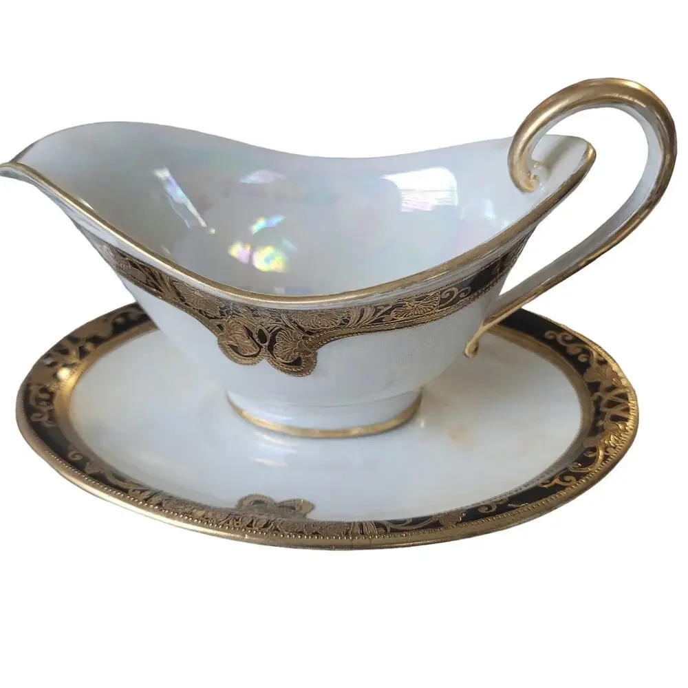 Antique Noritake Creamer Cup Saucer Japan Jeweled Gold Black Beaded Crestwood